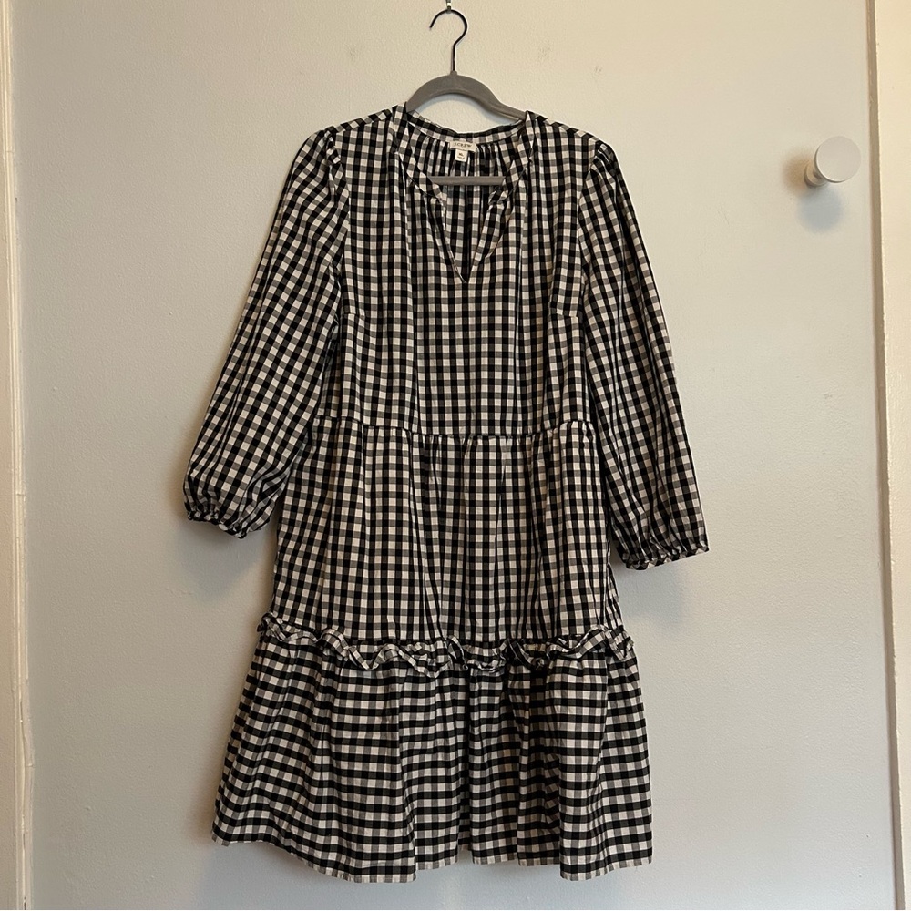 Black and white checkered J Crew tiered midi dress